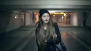 Girl Teenager Goes At Night In The Underpass Stock Footage