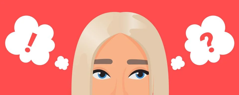 Girl thinking about problem with dots in think bubble, expression portrait with Illustrazione stock