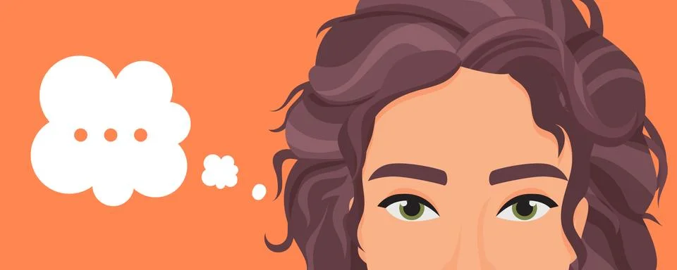 Girl thinking about problem with dots in think bubble, expression portrait with Illustrazione stock