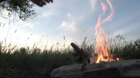 The girl throws firewood into the fire Stock Footage 139768236