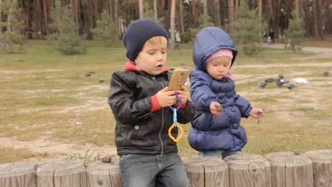 A girl throws the pine cones and tries to climb onto the fence where a boy is 動画素材 70158560