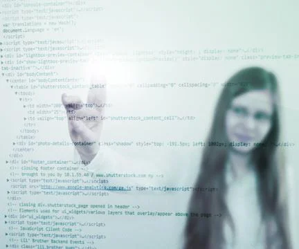 Girl touching html code Stockillustratie