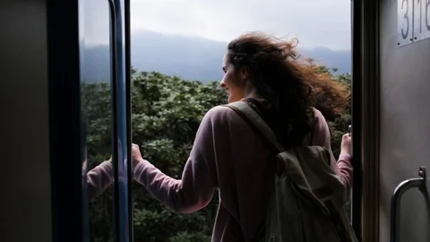 The girl on a train in the jungle Stock Footage 87781305