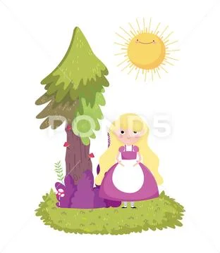 Girl tree bush grass in wonderland Stock Illustrationen