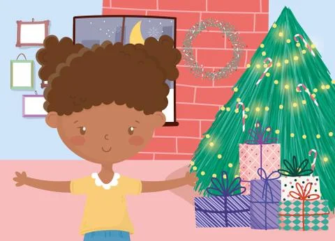 Girl tree gifts wall frames window merry christmas celebration Stock Illustration