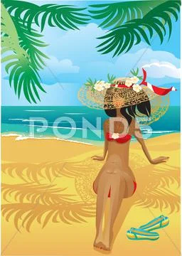 Girl on a tropical beach with straw hat Stock Illustration
