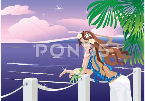 Girl on tropical sea side looking sunset. Stock Illustration