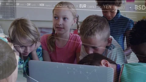 Girl turning to laptop explaining FX charts for finance class while peers Stock Footage 332505219