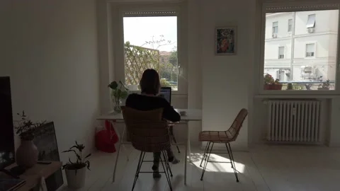 Girl types computer keyboard. Smart work at home. Stock Footage 153442659