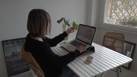 Girl types computer keyboard. Smart work at home. Stock Footage 153442664