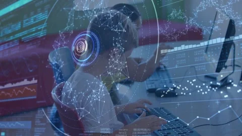 Girl typing and boy using mouse in school lab, causing animated nodes and charts Stock Footage 330540860