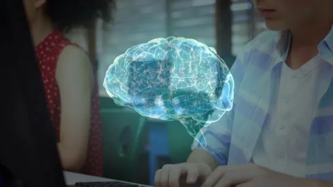Girl typing boy typing activating holographic brain rotating showing neural Stock Footage 318239137