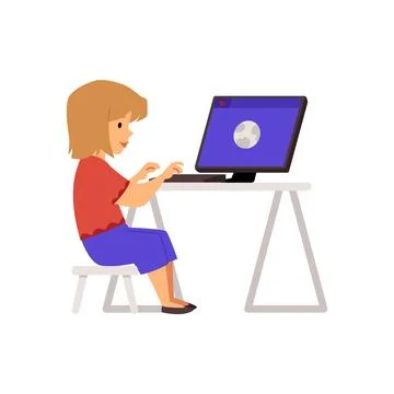 Girl is typing on the keyboard, looking at the computer monitor. Stock Illustration
