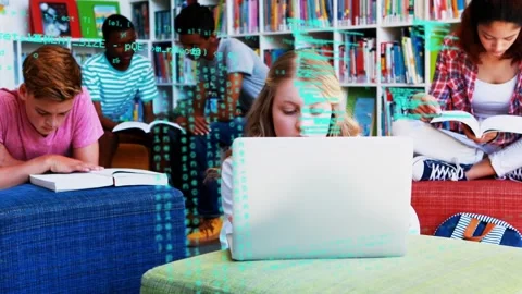Girl typing on laptop in library input sparking green code overlay growing while Stock Footage 333803499