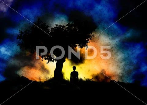 Girl under tree silhouette at sunset Template PSD