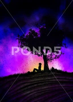 Girl under tree silhouette at sunset PSD 模板
