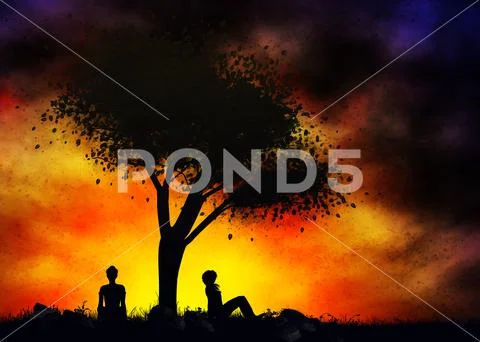 Girl under tree silhouette at sunset Template PSD