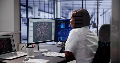 Girl Using Artificial Intelligence Data Security Foto stock