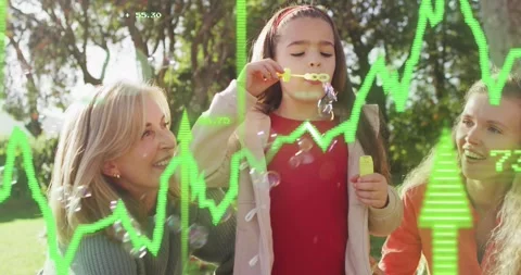 Girl using bubble wand blowing bubbles with family, activating finance chart Stock Footage 316887998