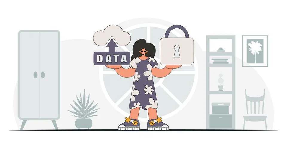 Girl using cloud storage and padlock, modern vector character style. Stock Illustration