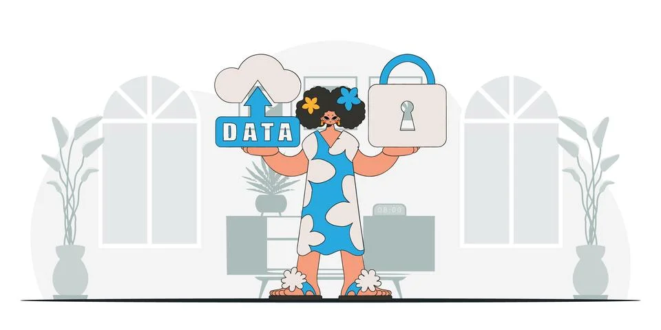 Girl using cloud storage, padlock in hand, modern vector character style. イラスト素材
