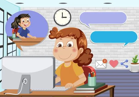A girl using computer cartoon Stock Illustration