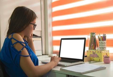 Girl using computer in home 스톡 사진