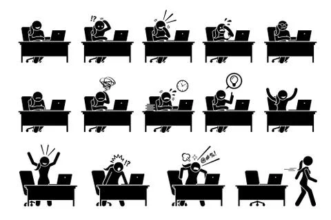 Girl using computer with various poses, actions, feelings, and emotions. Artw Stock Illustration