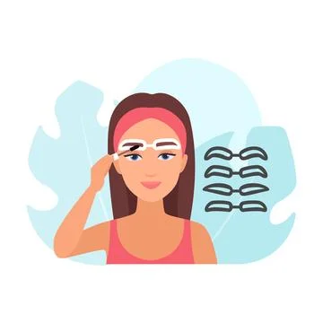 Girl using different eyebrow stencils to draw brown brow with brush Stock Illustration