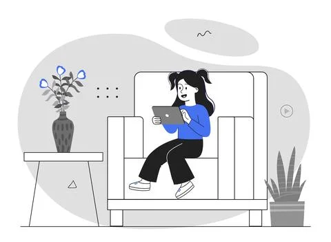 Girl using digital tablet on sofa at home. Vector illustration Stock Illustration