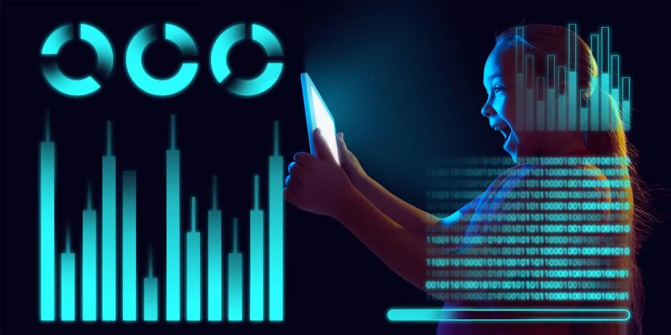Girl using interface modern technology and digital layer effect as business Stock Photos