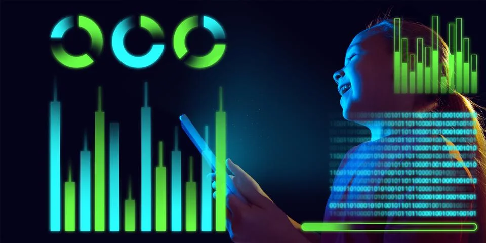 Girl using interface modern technology and digital layer effect as business Stock Photos