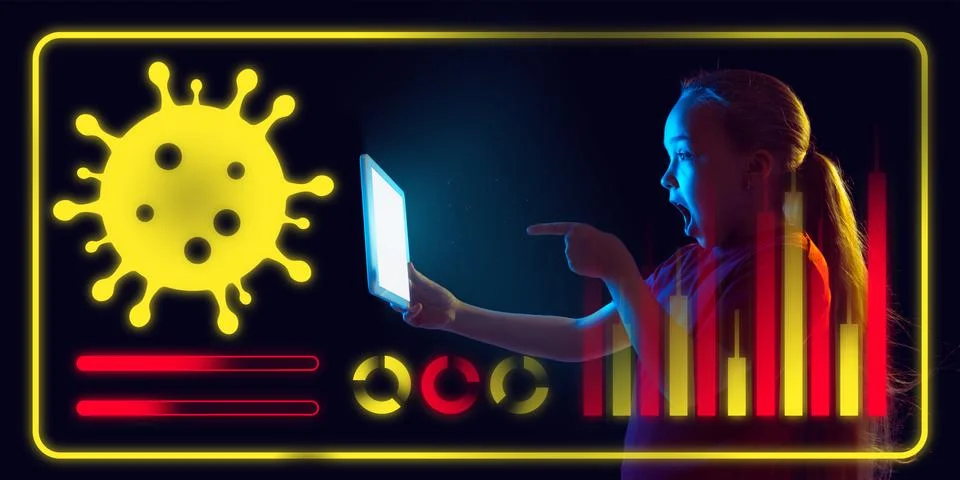 Girl using interface modern technology and digital layer effect as information Stock Photos
