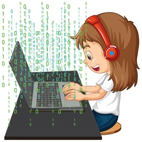 A girl using laptop with binary code Stockillustratie