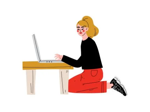 Girl Using Laptop Computer, Freelance or Social Network Concept Vector Stockillustratie