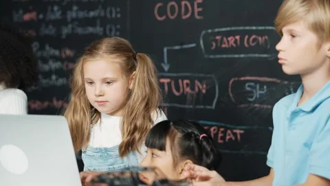 Girl using laptop programing engineering code and writing program. Erudition. Stock Footage 263595624