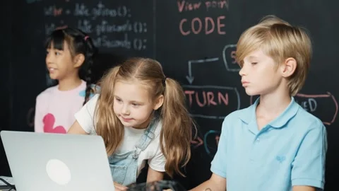 Girl using laptop programing engineering code and writing program. Erudition. Stock Footage 267613884