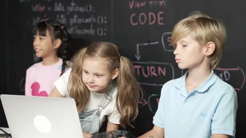 Girl using laptop programing engineering code and writing program. Erudition. Stock Footage 277077367