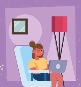 Girl using laptop in sofa Illustrazione stock