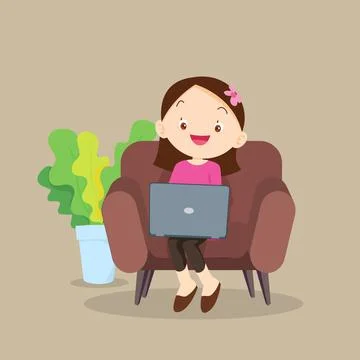 Girl using laptop on sofa Stock Illustration