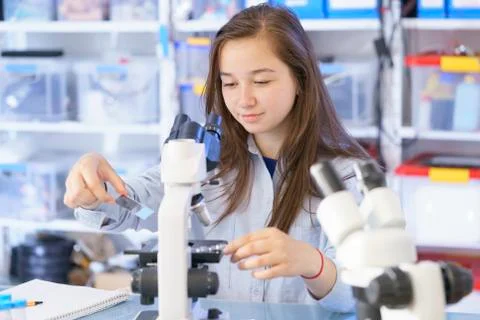 Girl using microscope Stock Photos