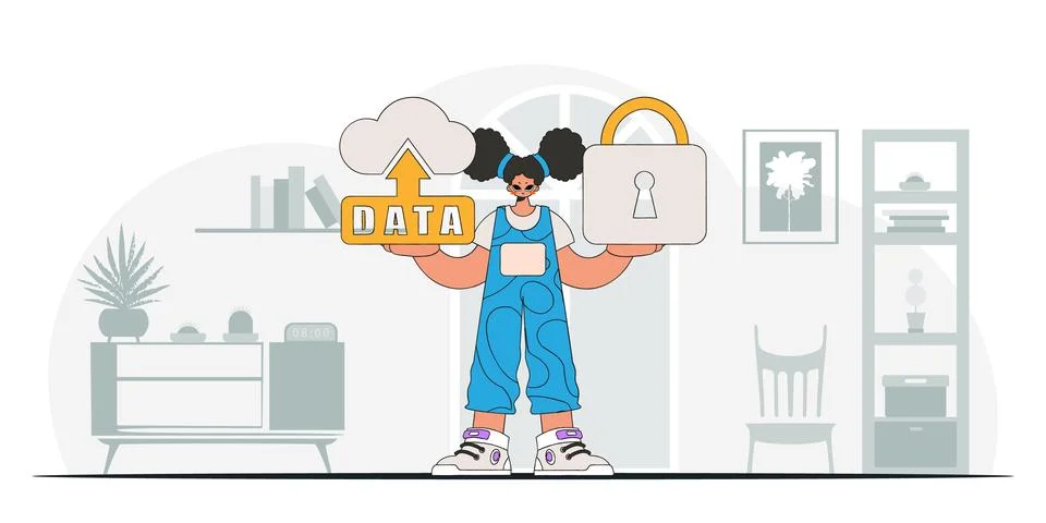 Girl using modern tech, with cloud storage and a padlock icon, presented in a Illustrazione stock
