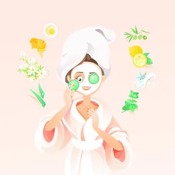 Girl Using Natural Homemade Mask with White Clay and Cucumber Stock Illustration