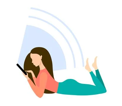 Girl using smartphone, lying. Young woman running freelance job Stock Illustration