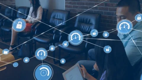Girl using tablet, man leaning in lounge, blue node appearing, showing tech Video stock 334114028