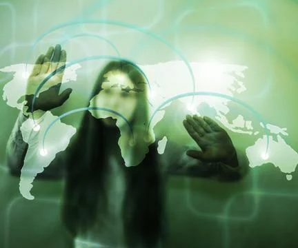 Girl using touch screen world map Stock Photos