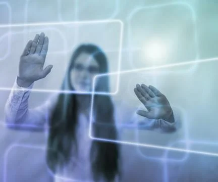 Girl using virtual pc touch screen Illustrazione stock