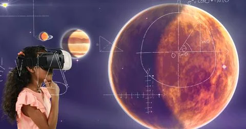 Girl using VR headset exploring planets and geometry in virtual space classroom Stock Illustration