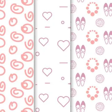 Girl vector seamless pattern set. Light pink white hearts and circles Stock Illustration