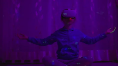 Girl of Virtual Reality Headset With Calming Meditation Exercise Yoga. Girl.. Stock Footage 346083771